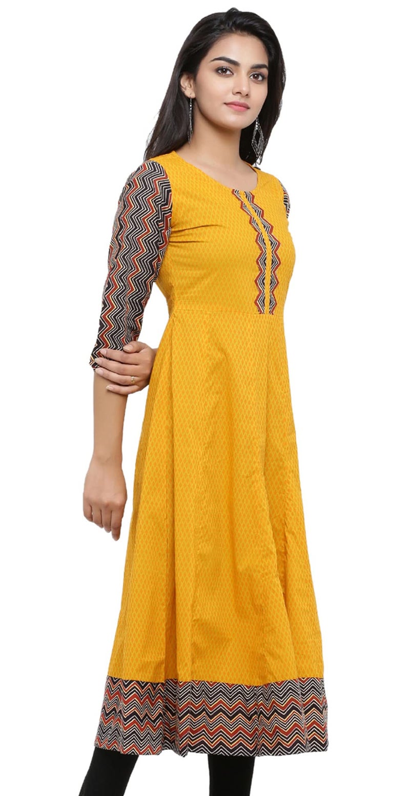 Yash Gallery Indian Cotton Geometric Print Anarkali Kurtis for Women (Mustard Yellow) - Image 1